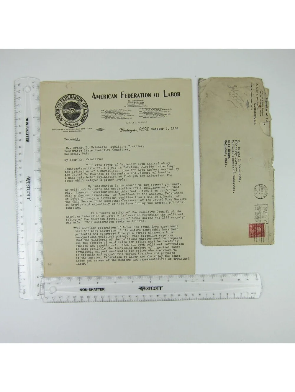 Letter William Green American Federation of Labor Dwight Matchette Ohio 1928 Vtg